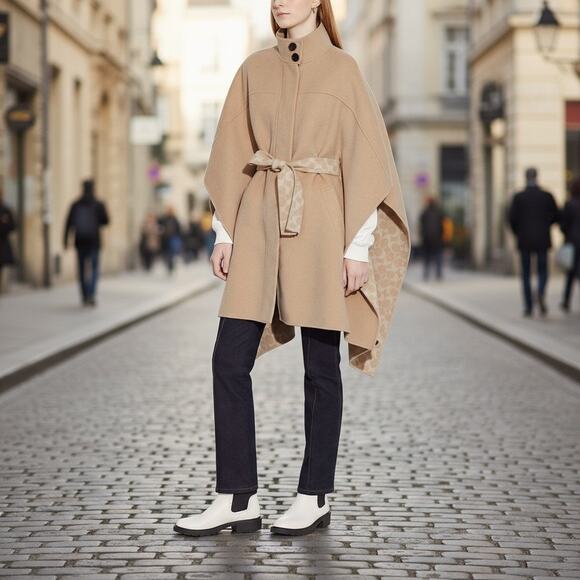 Coach Camel Wool Blend Belted Cape Coat Monogram Lining, Elegant Wrap Poncho NWT - Picture 1 of 11